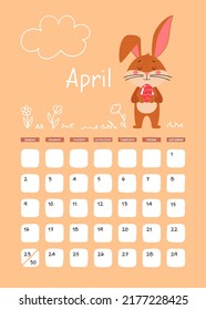 A3 Page of the wall calendar for April 2023. Cute brown rabbit or Bunny with easter egg, symbol of the year 2023 according to the Eastern or Chinese calendar. Vector stock ready-to-print template.