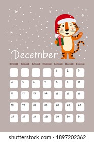 A3 Page of the wall calendar for December 2022. Cute striped tiger symbol of the year 2022 according to the Eastern or Chinese calendar. Vector stock ready-to-print template.