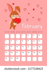 A3 Page of the wall calendar for February 2023. Cute brown rabbit or Bunny with heart, symbol of the year 2023 according to the Eastern or Chinese calendar. Vector stock ready-to-print template.