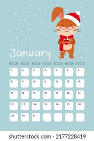 A3 Page of wall calendar for January 2023. Cute brown rabbit or Bunny with cup of tea or coffee, symbol of year 2023 according to the Eastern or Chinese calendar. Vector stock ready-to-print template.