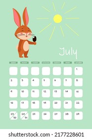A3 Page of the wall calendar for July 2023. Cute brown rabbit or Bunny with ice cream, symbol of the year 2023 according to the Eastern or Chinese calendar. Vector stock ready-to-print template.