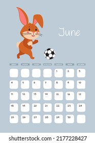 A3 Page of the wall calendar for June 2023. Cute brown rabbit or Bunny with soccer ball, symbol of the year 2023 according to the Eastern or Chinese calendar. Vector stock ready-to-print template.