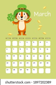 A3 Page of the wall calendar for March 2022. Cute striped tiger symbol of the year 2022 according to the Eastern or Chinese calendar. Vector stock ready-to-print template.