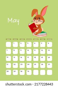 A3 Page of the wall calendar for May 2023. Cute brown rabbit or Bunny with book, symbol of the year 2023 according to the Eastern or Chinese calendar. Vector stock ready-to-print template.