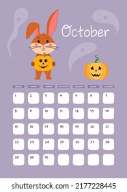 A3 Page of wall calendar for October 2023. Cute brown rabbit or Bunny with halloween pumpkin, symbol of the year 2023 according to the Eastern or Chinese calendar. Vector stock ready-to-print template