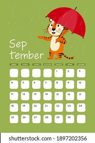 A3 Page of the wall calendar for September 2022. Cute striped tiger symbol of the year 2022 according to the Eastern or Chinese calendar. Vector stock ready-to-print template.