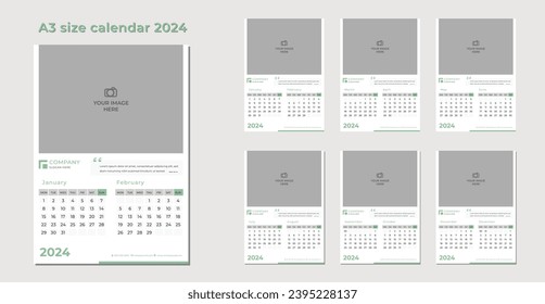 A3 Size 2024 Calendar design orange color Start with monday. Special quote place under the image place. Minimal and clean look for corporate office, home or business.