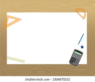 A3 size drawing paper with stationary and calculator on wooden table