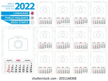 Calendario de pared de tamaño A3 2022 año con fondo de línea abstracta y lugar para la foto. La semana comienza el domingo, en inglés.