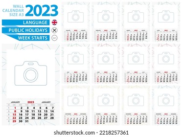 A3 size wall calendar 2023 year with abstract lined background and place for you photo. Week starts from Sunday, English language.