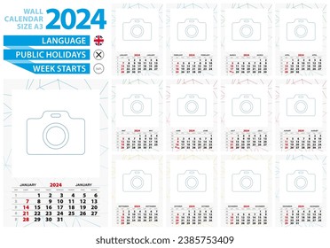 Calendario de pared de tamaño A3 2024 año con fondo de línea abstracta y lugar para la foto. La semana comienza el domingo, en inglés.