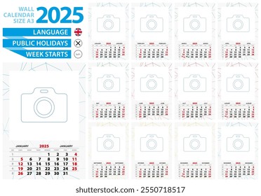 A3 size wall calendar 2025 year with abstract lined background and place for you photo. Week starts from Sunday, English language.