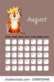 A3 Wall calendar design template for August 2022, year of Tiger in  Chinese calendar. Calendar with zodiac signs. Week starts on Sunday. Vector stock flat illustration.