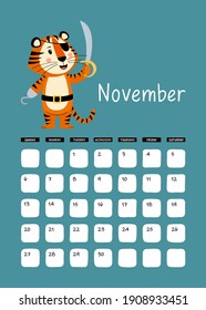 A3 Wall calendar design template for November 2022, year of Tiger in  Chinese calendar. Calendar with zodiac signs. Week starts on Sunday. Vector stock flat illustration. 