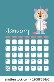 A3 Wall calendar design template for January 2022, year of Tiger in  Chinese calendar. Calendar with zodiac signs. Week starts on Sunday. Vector stock flat illustration. 