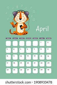 Plantilla de diseño de calendario de pared A3 para abril de 2022, año del tigre en calendario chino. Calendario con signos de zodiaco. La semana comienza el domingo. Ilustración plana de material vectorial. 