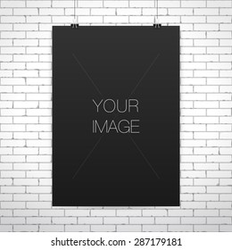 A3/A4 Black paper hanging in front of white brick wall for your content vector stock eps 10 illustration