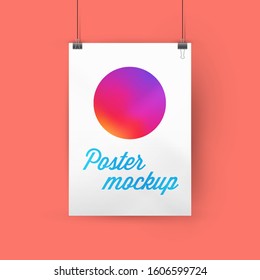 A4, A3 or A2 size ratio poster mockup, paper frame hanging with paper clips. Gradient circle template. Faded orange background. Soft shadows. Vector illustration