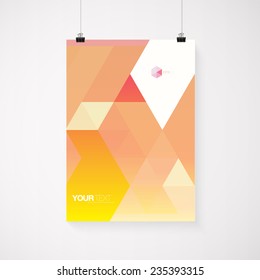 A4 / A3 format poster design with your text, minimal abstract triangles background, paper clips and shadow Eps 10 stock vector illustration 