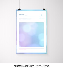 A4 / A3 format poster design with your text, minimal abstract bokeh lights background, paper clips and shadow Eps 10 stock vector illustration 