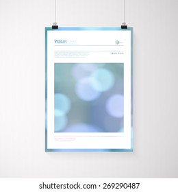 A4 / A3 format poster design with your text, minimal abstract bokeh lights background, paper clips and shadow 
Eps 10 stock vector illustration 