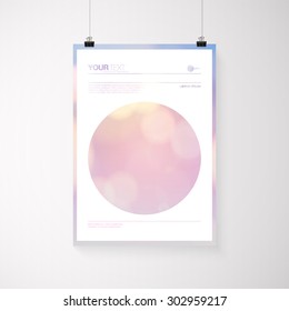 A4 / A3 format poster design with your text, minimal abstract bokeh lights background, paper clips and shadow EPS 10 stock vector illustration 