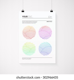 A4 / A3 format poster design with your text, minimal abstract colorful wave line pattern circles on white background, paper clips and shadow 
EPS 10 stock vector illustration 