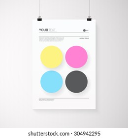 A4 / A3 format poster design with your text, minimal abstract CMYK color circles on simple white background, paper clips and shadow EPS 10 stock vector illustration 