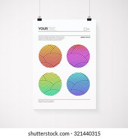 A4 / A3 format poster design with your text, minimal abstract colorful wave line pattern circles on white background, paper clips and shadow EPS 10 stock vector illustration 