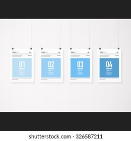 A4 / A3 format poster design with your text, minimal simple color background, paper clips and shadow Eps 10 stock vector illustration 