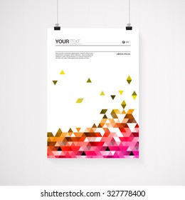 A4 / A3 format poster design with your text, minimal colorful triangles background, paper clips and shadow Eps 10 stock vector illustration 