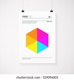 A4 / A3 format poster design with your text and minimal colorful hexagon on simple white background, paper clips and shadow Eps 10 stock vector illustration 
