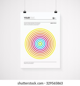 A4 / A3 format poster design with your text and minimal colorful circles background, paper clips and shadow Eps 10 stock vector illustration 