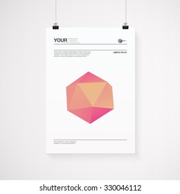 A4 / A3 format poster design with your text and minimal 3D low-polygon object on simple background, paper clips and shadow Eps 10 stock vector illustration 