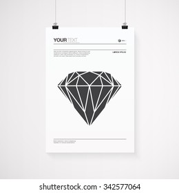 A4 / A3 format poster design with your text, minimal diamond, paper clips and shadow 
Eps 10 stock vector illustration 