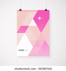 A4 / A3 format poster design with your text, minimal abstract triangles background, paper clips and shadow Eps 10 stock vector illustration 