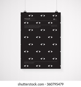 A4 / A3 format poster design with your text, minima black and white eyes pattern background, paper clips and shadow Eps 10 stock vector illustration 