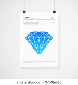 A4 / A3 format poster design with your text, minimal stylized blue diamond, paper clips and shadow 
Eps 10 stock vector illustration 