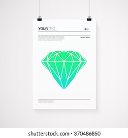 A4 / A3 format poster design with your text, minimal stylized green diamond, paper clips and shadow 
Eps 10 stock vector illustration 