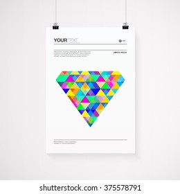 A4 / A3 format poster design with your text, minimal stylized colorful diamond, paper clips and shadow 
Eps 10 stock vector illustration 
