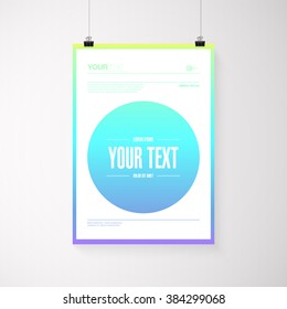 A4 / A3 format poster design with your text, minimal circle and colorful gradient background, paper clips and shadow Eps 10 stock vector illustration 