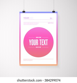 A4 / A3 format poster design with your text, minimal circle and colorful gradient background, paper clips and shadow Eps 10 stock vector illustration 