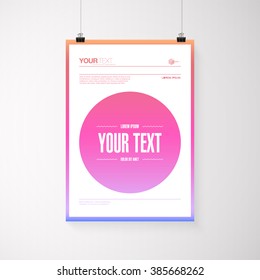 A4 / A3 format poster design with your text, minimal circle and colorful gradient background, paper clips and shadow Eps 10 stock vector illustration 