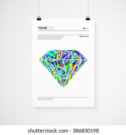A4 / A3 format poster design with your text, minimal stylized colorful diamond, paper clips and shadow 
Eps 10 stock vector illustration 