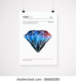 A4 / A3 format poster design with your text, minimal stylized colorful diamond, paper clips and shadow 
Eps 10 stock vector illustration  