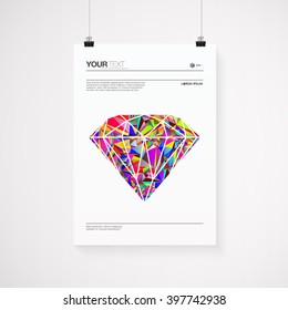 A4 / A3 format poster design with your text, minimal stylized colorful diamond, paper clips and shadow 
Eps 10 stock vector illustration 
