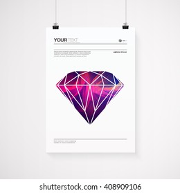 A4 / A3 format poster design with your text, minimal stylized colorful diamond, paper clips and shadow 
Eps 10 stock vector illustration 