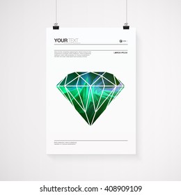A4 / A3 format poster design with your text, minimal stylized colorful diamond, paper clips and shadow 
Eps 10 stock vector illustration 