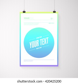 A4 / A3 format poster design with your text, minimal circle and colorful gradient background, paper clips and shadow Eps 10 stock vector illustration 