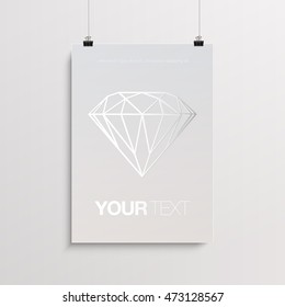 A4 / A3 format poster design with your text, minimal stylized silver diamond, paper clips and shadow 
Eps 10 stock vector illustration 